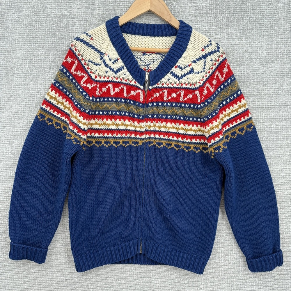 Vtg Nordic Fair Isle Sweater Mens Medium Blue Zip Cardigan Knit Pullover Winter